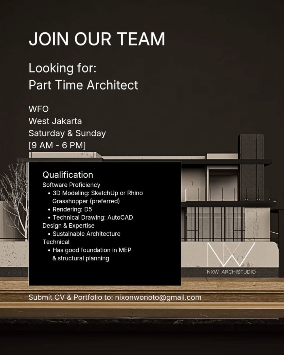 Poster Lowongan Kerja Part Time Architect (Weekend) di NXW Archistudio - Jakarta Barat